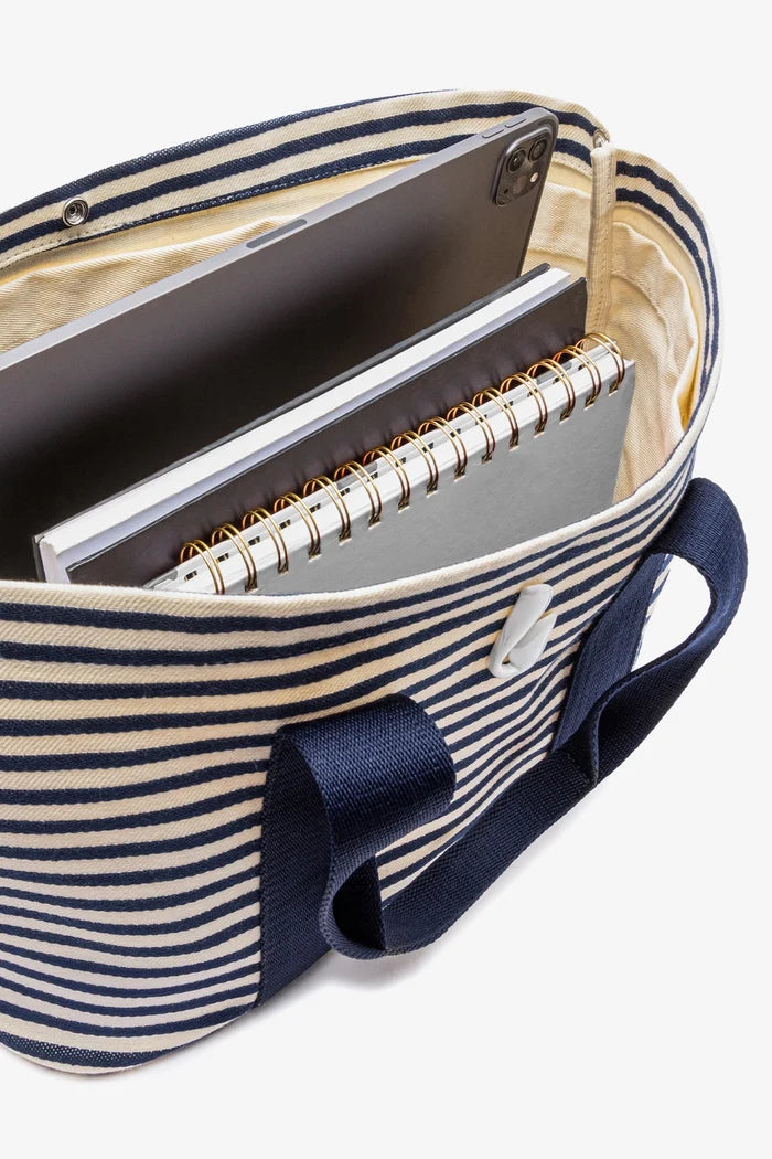Americana Tote Bag In Indigo And Natural Awning Stripe Handbag Larroudé