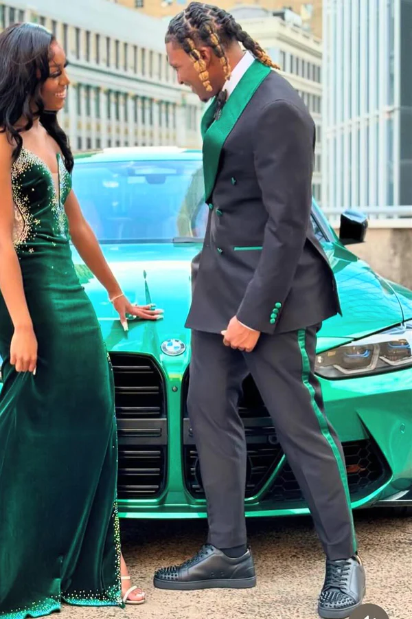 Black Prom Tuxedo 2026 with Green Satin Accent