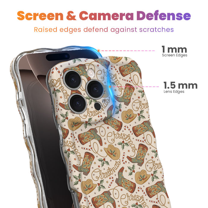 Boot Scootin' Christmas iPhone case with 1 mm raised screen edges and 1.5 mm raised camera lens edges, cowboy boots, candy canes and lasso lettering