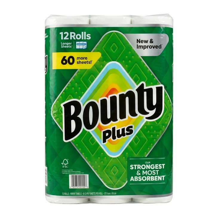 Bounty Plus paper towels packaging with green and white design