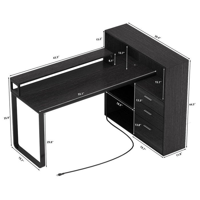 Bureau d'angle Jaemon avec lumières LED et 3 tiroirs