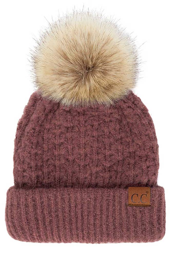 C.C Smocking Stitch Cuff Beanie with Pom