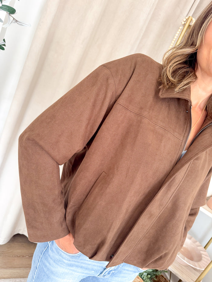 Skies Are Blue Chocolate Suede Bubble Hem Jacket – women's jacket
