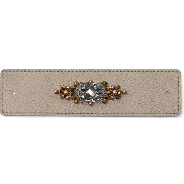 Brighton taupe leather bracelet strap with center cluster of crystal, copper, and gold-tone beads on a white background