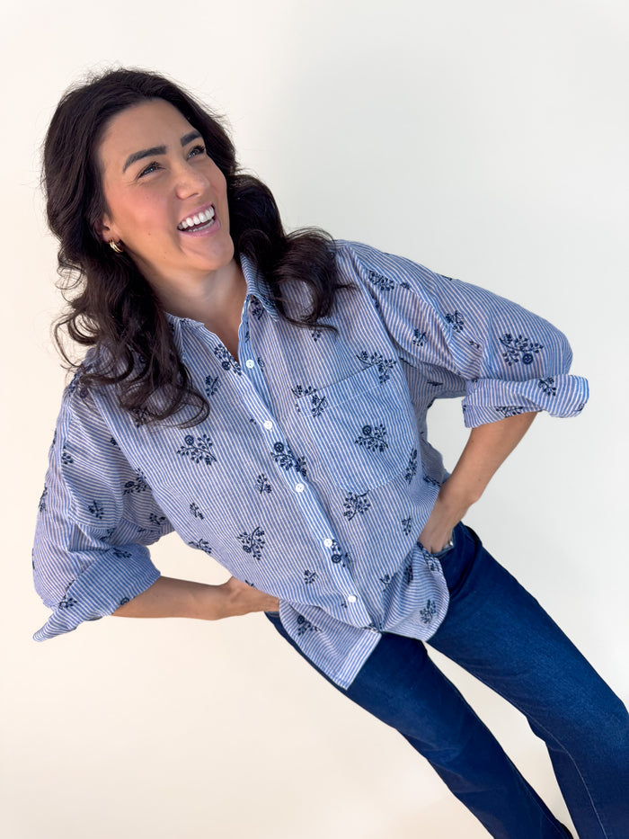 Floral Embroidered Striped Button Down Top
