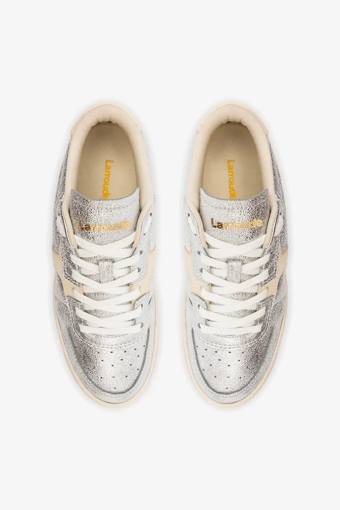 George Sneaker In Silver Sparkle Leather and Ivory Leather Sneaker Larroudé