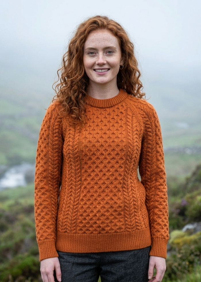 Ladies Slim-Fit Aran Sweater in Terracotta | 100% Merino Wool