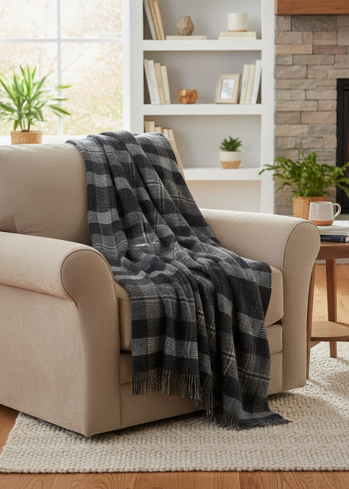 Large Irish Picnic Blanket Grey Graphite Plaid
