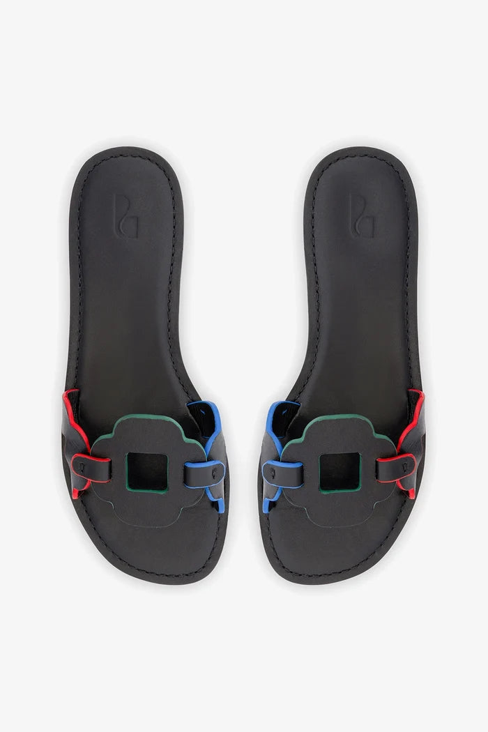 Margherita Slide In Black Leather Flat - Sandal Larroudé
