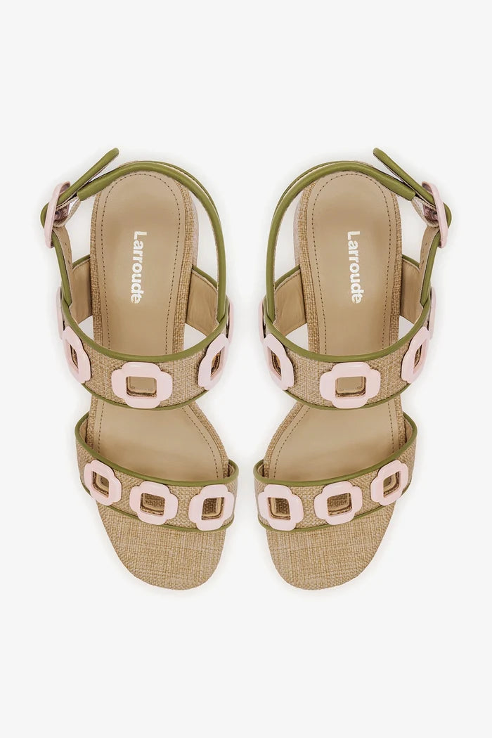 Milan Sandal In Beige Raffia and Seaweed Leather Sandal Larroudé
