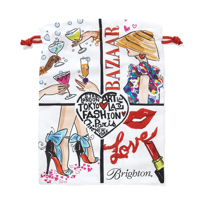 Brighton drawstring pouch with illustrated fashion print featuring heels, cocktails, lipstick, and Bazaar text on a white background
