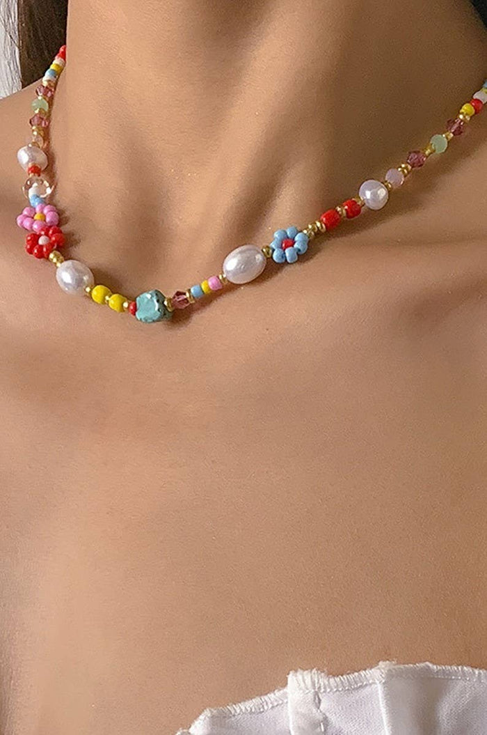 Multicolored Flower & Pearl Necklace