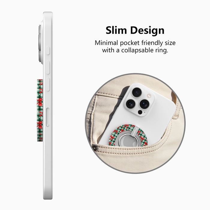 Side view of the slim Plaid Tidings & Bows grip ring with collapsible ring, and a phone with the gingham bow grip sliding into a jeans pocket