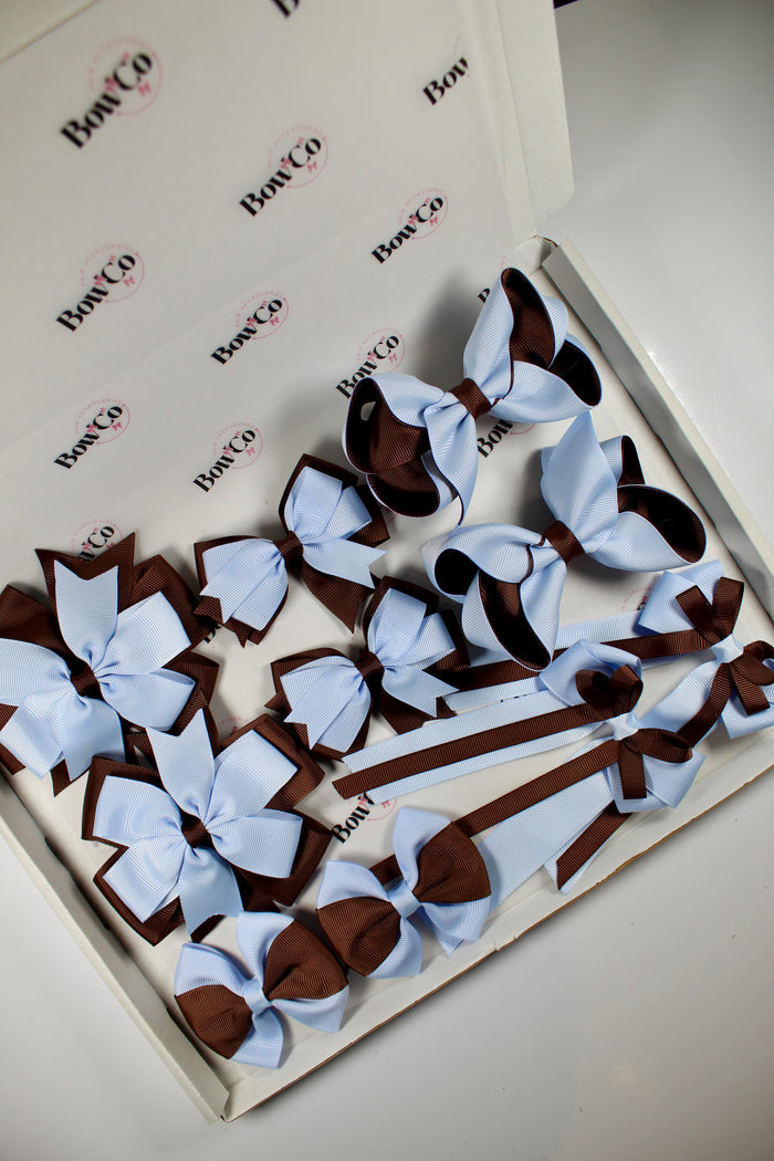 School Bundle 10 Bows - 5 Matching Pairs - Bluebell and Brown