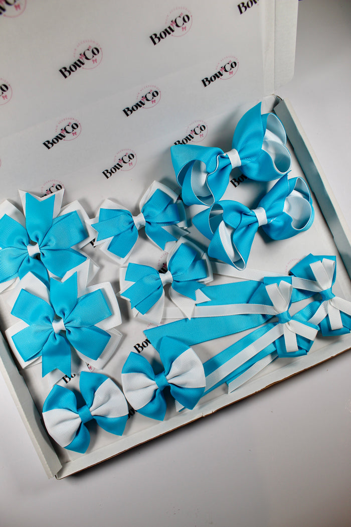 School Bundle 10 Bows - 5 Matching Pairs - Turquoise and White
