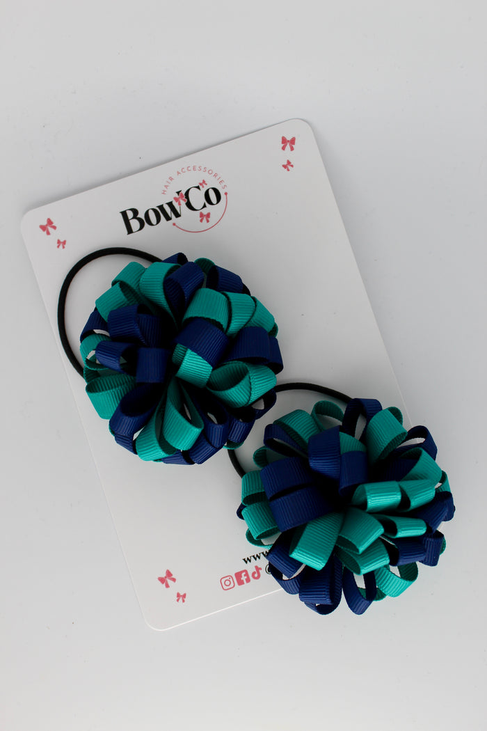 Schools Bows Jade Green and Navy Blue - Pom Pom Bow Set