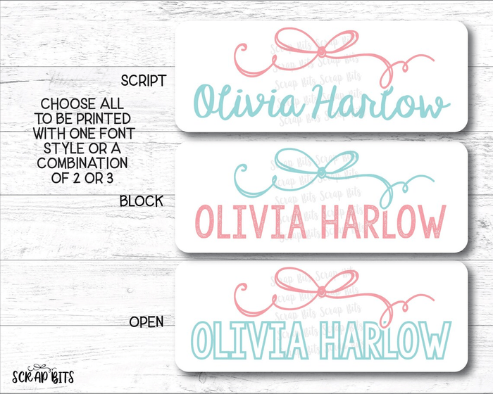 Coquette Signature Doodle Bow Name Labels . Personalized Belonging Labels - Scrap Bits