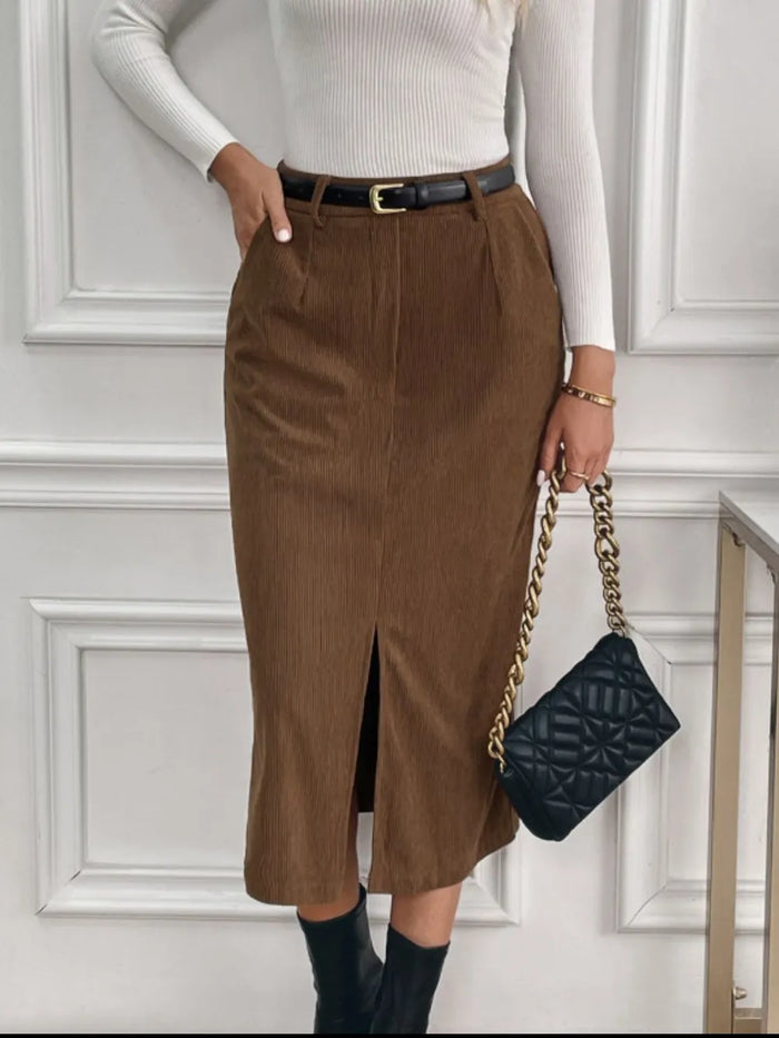 Slit Midi Skirt with Pockets - Brown