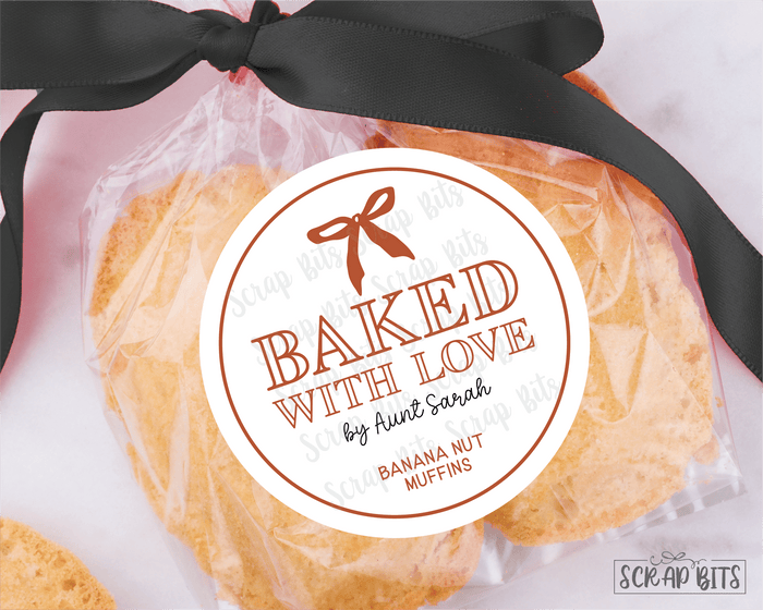 Small Bow Baked With Love Stickers . Personalized Baking Labels - Scrap Bits