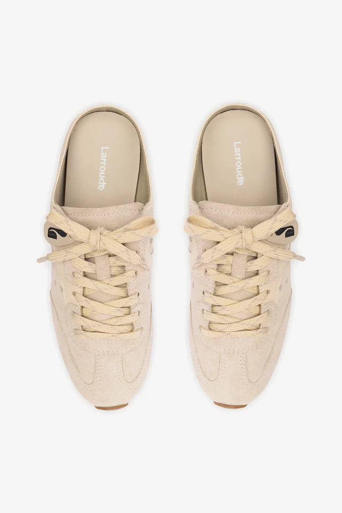 Stella Mule In Mushroom Grey Suede and Ivory Leather Sneaker Larroudé