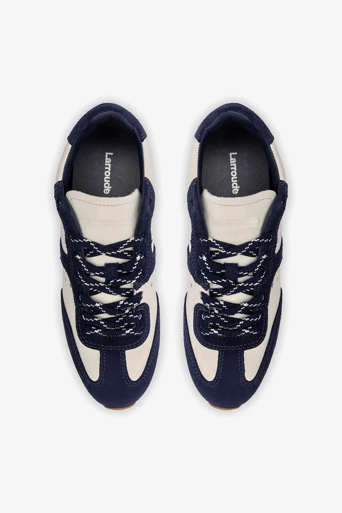 Stella Sneaker In White Leather and Indigo Suede Sneaker Larroudé