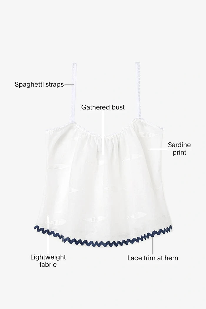 The Perfect Tank Top Embroidered Fish with Navy Trim Top Larroudé x Sheridan