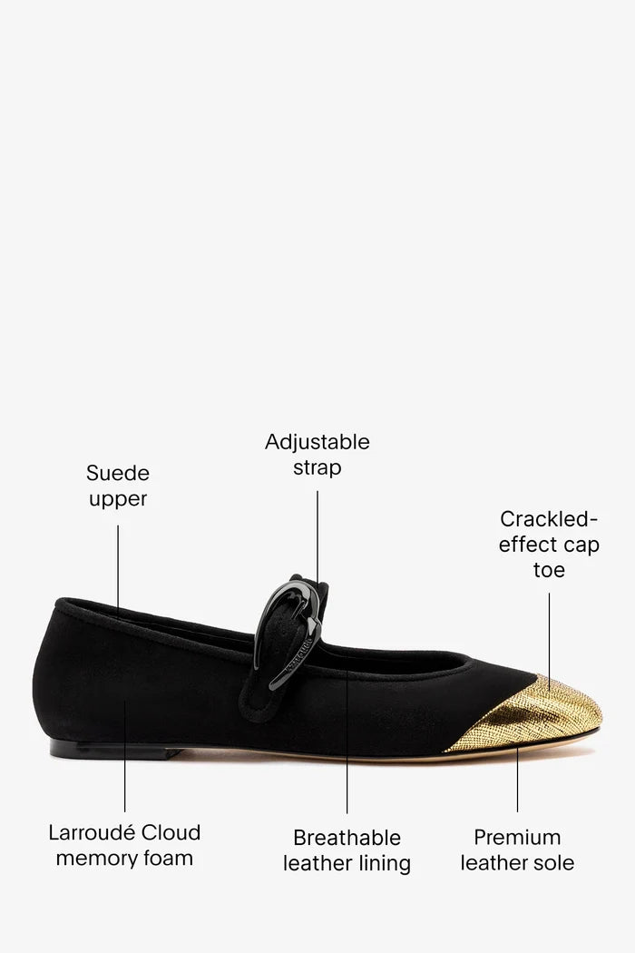 Verona Cap Ballet Flat Black Suede and Gold Leather Flat Larroudé