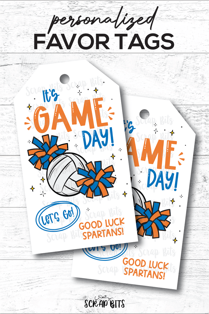 Volleyball Game Day Tags, Let's Go Pom Poms, Good Luck Treat Bag Tags - Scrap Bits