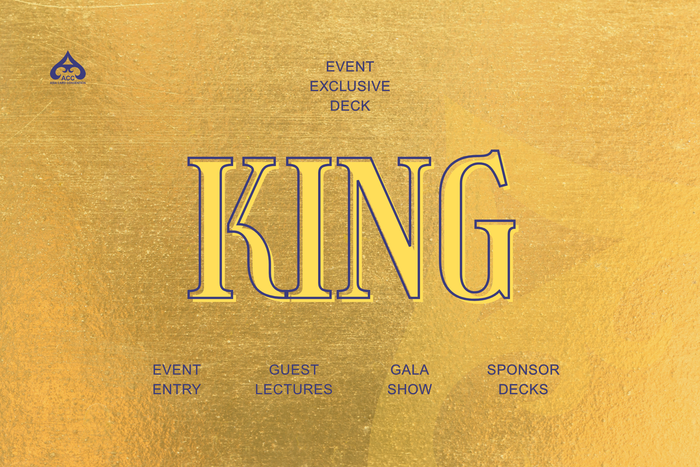 Promotional graphic for 'KING' ticket tier with perks on a gold background