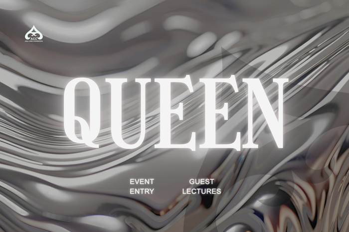 Promotional graphic for 'QUEEN' ticket tier with perks on a wavy metallic background