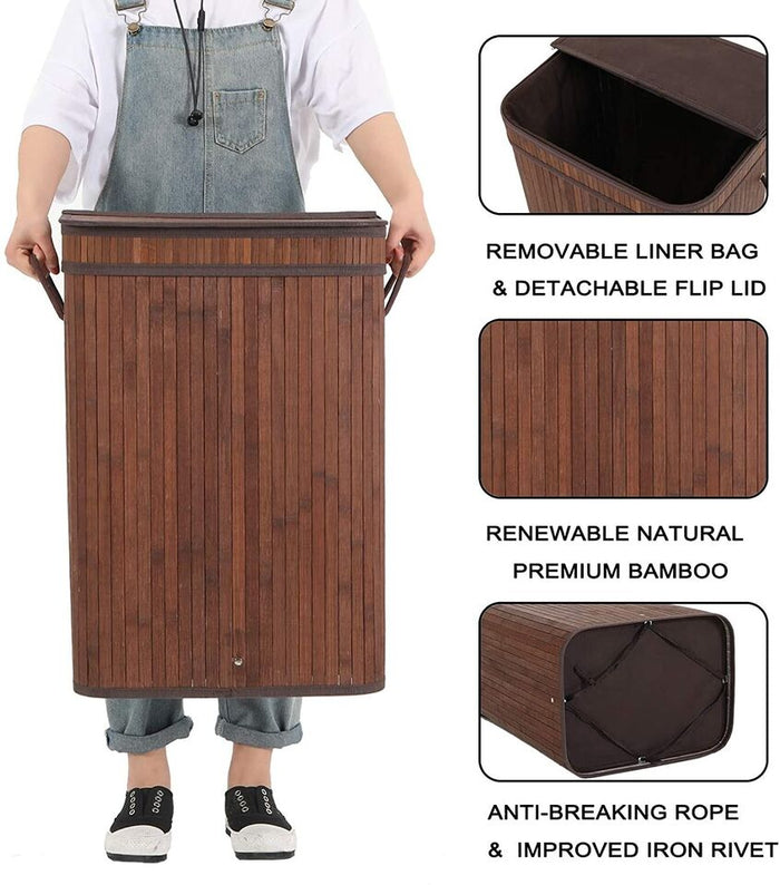 72L Folding Bamboo Laundry Hamper with Lid and Removable Liner