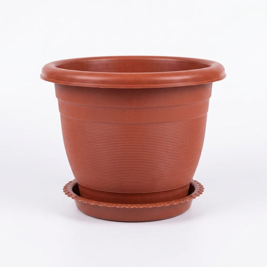 7.5" Plastic Flower Pot with Drainage Tray, Terracotta Finish, Wholesale