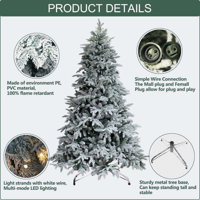 7Ft Snow Flocked Artificial Pre-lit Xmas Tree With Metal Stand, 300 Chasing Warm LED Lights - Until Times Up