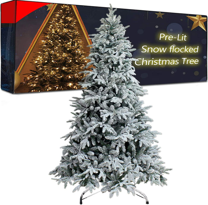 7Ft Snow Flocked Artificial Pre-lit Xmas Tree With Metal Stand, 300 Chasing Warm LED Lights - Until Times Up