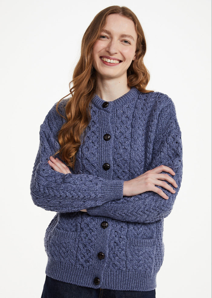 Achill Island Merino Wool Ladies Aran Cardigan | Denim