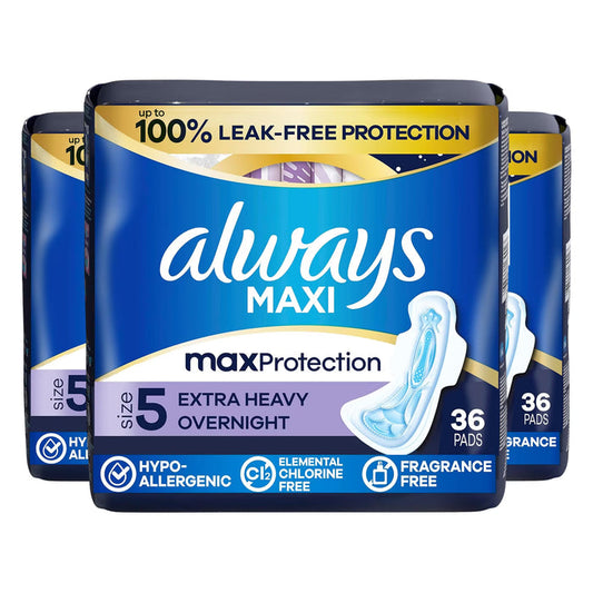 Always Maxi Extra Heavy Overnight Size 5 Pads with Wings Unscented - 36 Ct - 3 Pack