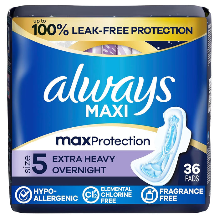 Always Maxi Extra Heavy Overnight Size 5 Pads with Wings Unscented - 36 Ct - 3 Pack