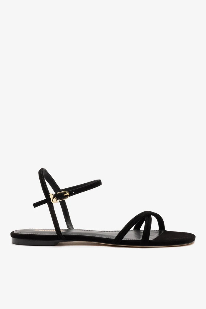 Annie Sandal Ankle Tie In Black Leather Flat - Sandal Larroudé