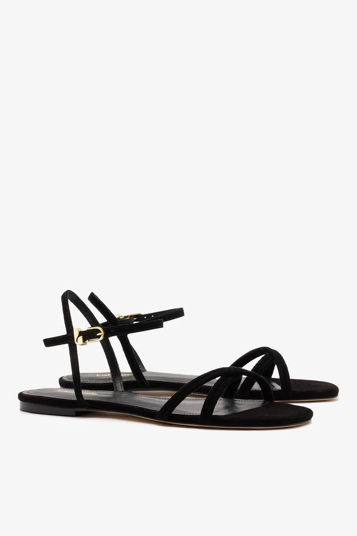 Annie Sandal Ankle Tie In Black Leather Flat - Sandal Larroudé