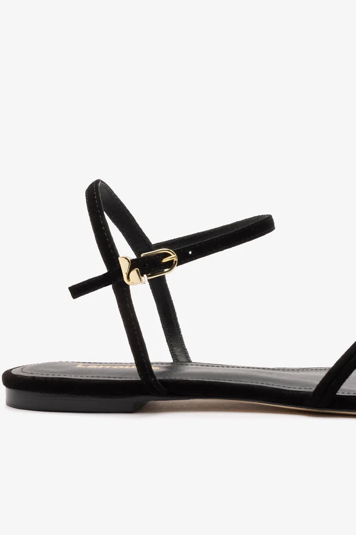 Annie Sandal Ankle Tie In Black Leather Flat - Sandal Larroudé