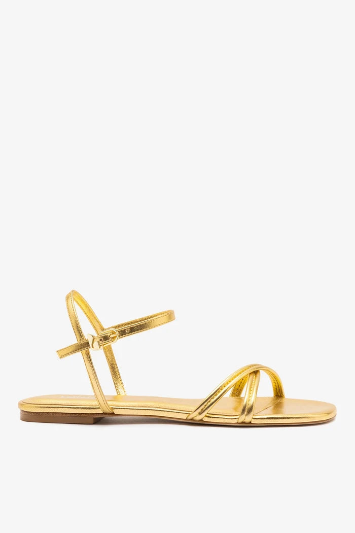 Annie Sandal Ankle Tie In Gold Metallic Leather Flat - Sandal Larroudé