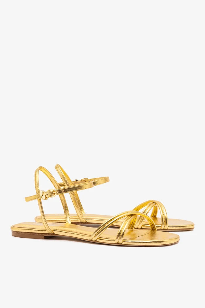 Annie Sandal Ankle Tie In Gold Metallic Leather Flat - Sandal Larroudé