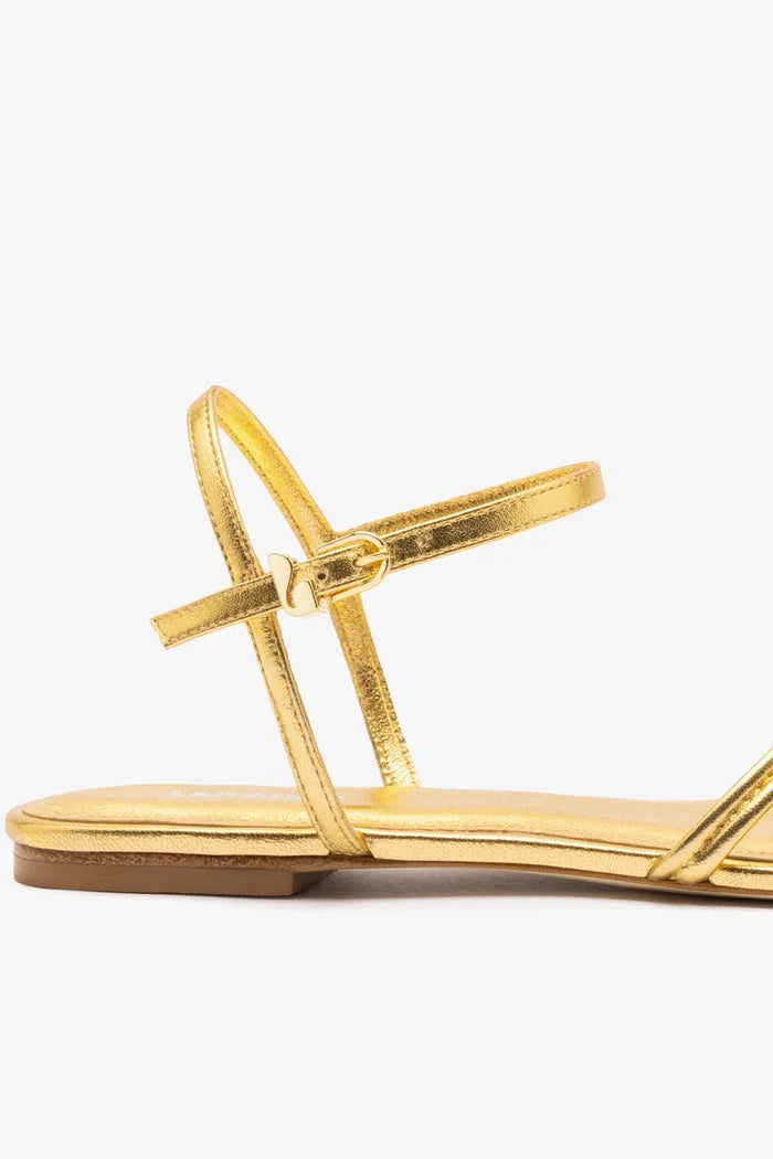 Annie Sandal Ankle Tie In Gold Metallic Leather Flat - Sandal Larroudé