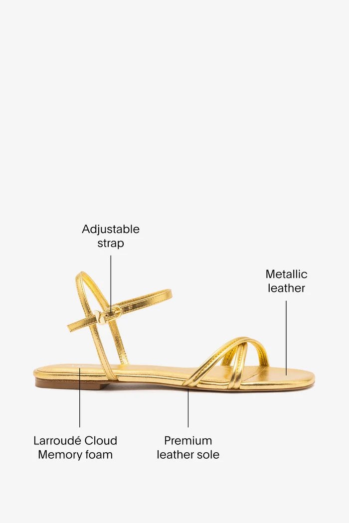 Annie Sandal Ankle Tie In Gold Metallic Leather Flat - Sandal Larroudé
