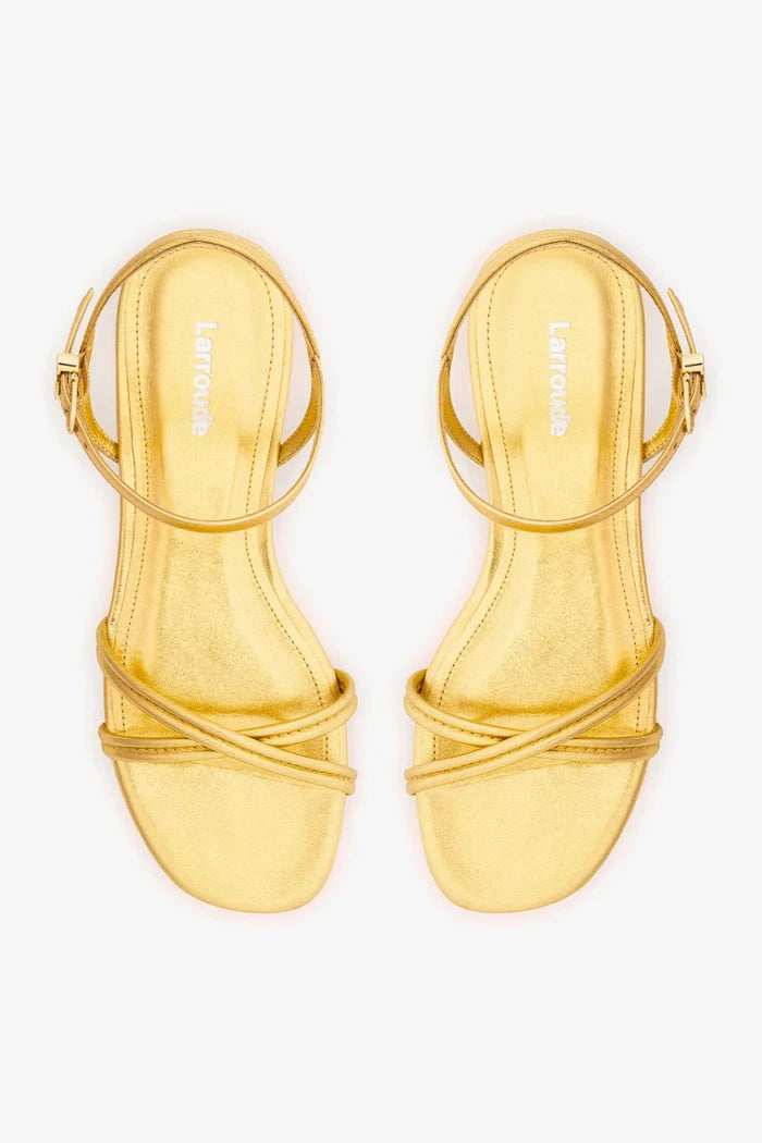 Annie Sandal Ankle Tie In Gold Metallic Leather Flat - Sandal Larroudé