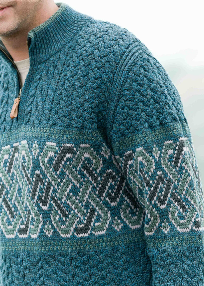 Aran Crafts Celtic Jacquard Zip Sweater | Premium Merino Wool | Peacock