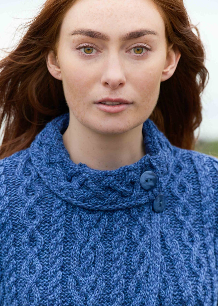 Aran Crafts Women's Marl Blue Meath Side Button Merino Wool Cardigan | Made in Ireland