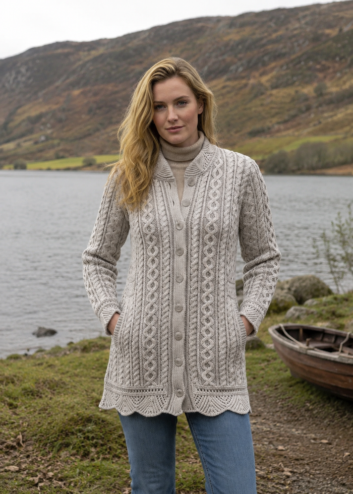 Aran Crafts Women's Oat Stone Plated Scallop Merino Wool Jacket | Made in Ireland