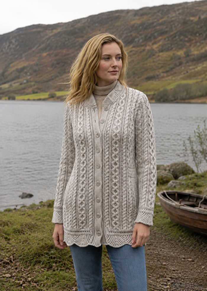 Aran Crafts Women's Oat Stone Plated Scallop Merino Wool Jacket | Made in Ireland