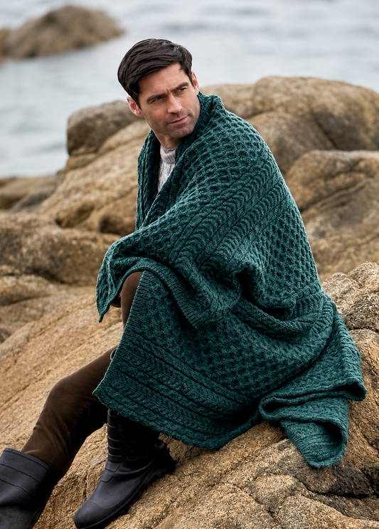 Aran Honeycomb Wool Throw | Moss Green | 100% Pure Irish Wool